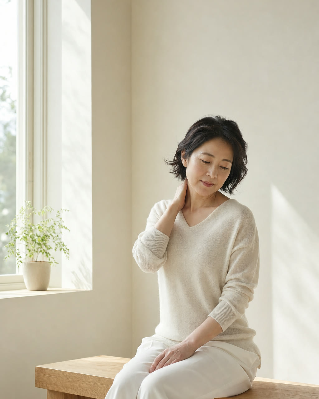 朝の窓辺で首すじに手を当てる女性の生成イメージ
